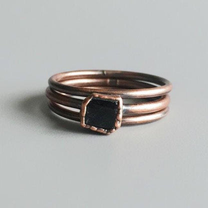 Raw Black Tourmaline Stacking Rings | Electroformed Copper Boho Jewelry - BlackbirdSageStudio