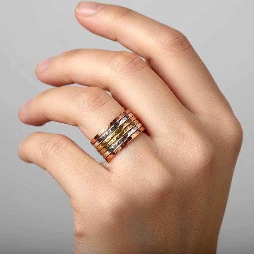 Mixed Metal Stacking Rings | Hammered Copper, Silver & Brass Bands - BlackbirdSageStudio
