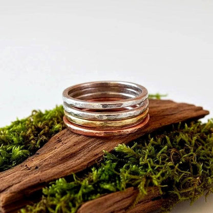 Mixed Metal Stacking Rings | Hammered Copper, Silver & Brass Bands - BlackbirdSageStudio