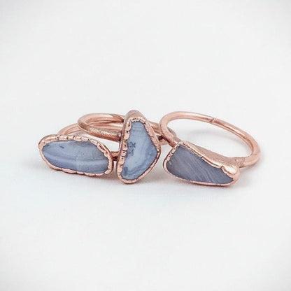 Electroformed blue lace agate copper rings, bright copper finish, natural blue and white stone banding