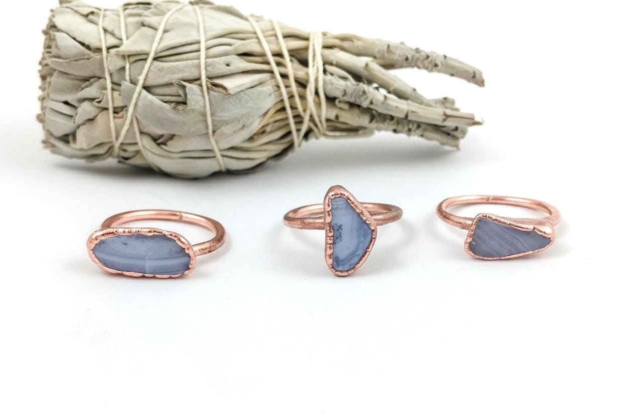 Electroformed blue lace agate rings in bright copper, handmade copper ring set, Santa Fe jewelry studio