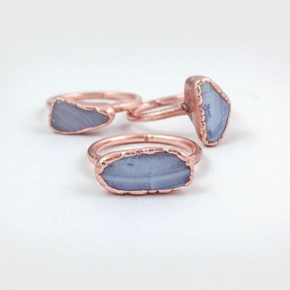 Three electroformed blue lace agate rings in bright copper finish, handcrafted in Santa Fe New Mexico