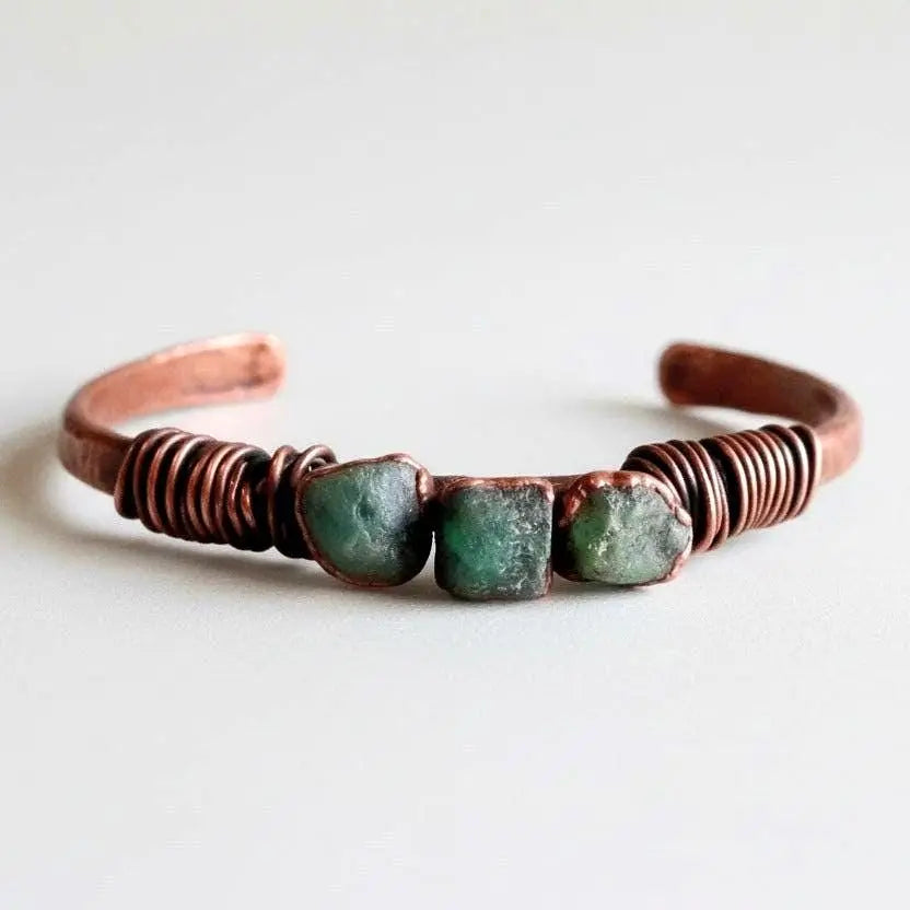 Raw Emerald Copper Bracelet | Electroformed Cuff | Hand Hammered | Bronze Wire Wrap | Antique Copper Finish - BlackbirdSageStudio