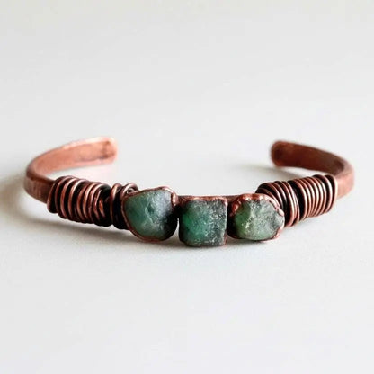 Raw Emerald Copper Bracelet | Electroformed Cuff | Hand Hammered | Bronze Wire Wrap | Antique Copper Finish - BlackbirdSageStudio