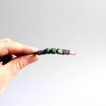 Raw Emerald Copper Bracelet | Electroformed Cuff | Hand Hammered | Bronze Wire Wrap | Antique Copper Finish - BlackbirdSageStudio
