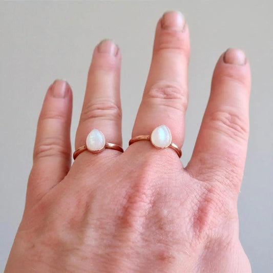 Rainbow Moonstone Ring | June Birthstone | 9x7mm Teardrop | Electroformed Copper | Bright or Antique Finish - BlackbirdSageStudio