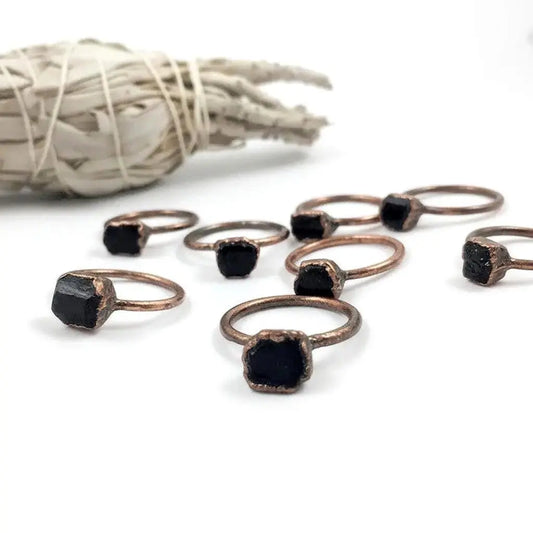 Black Tourmaline Ring | Raw Crystal Ring | Electroformed Copper | Grounding Protection | Bright or Antique Finish - BlackbirdSageStudio