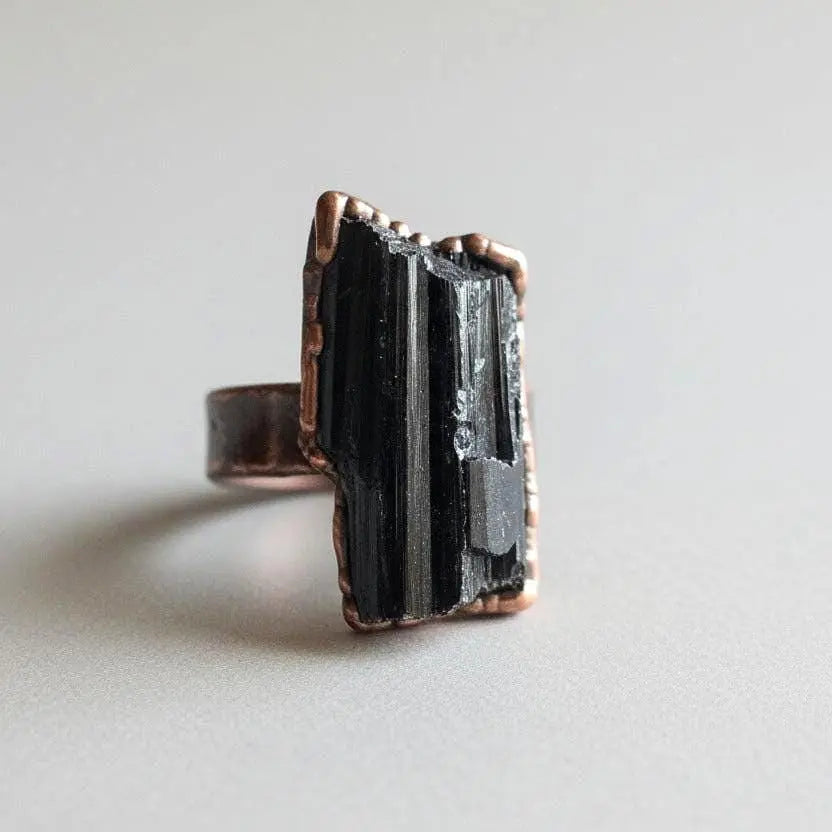 Large Black Tourmaline Ring | Statement Ring | 1-1.5" Stone | Wide Band | Electroformed Copper | Grounding Protection - BlackbirdSageStudio