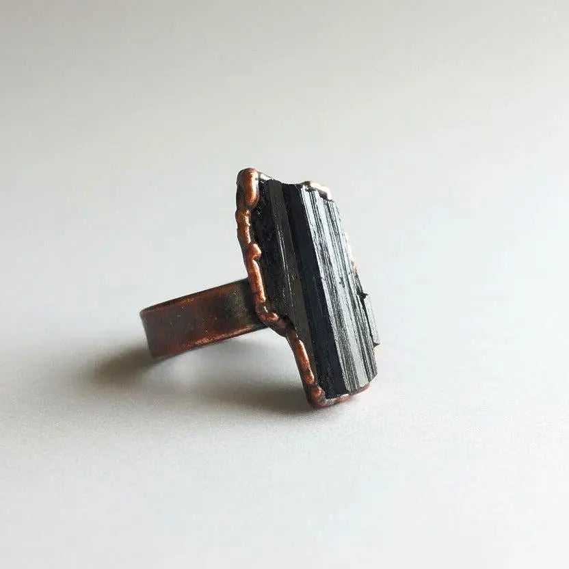 Large Black Tourmaline Ring | Statement Ring | 1-1.5" Stone | Wide Band | Electroformed Copper | Grounding Protection - BlackbirdSageStudio