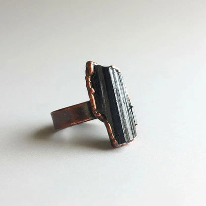 Large Black Tourmaline Ring | Statement Ring | 1-1.5" Stone | Wide Band | Electroformed Copper | Grounding Protection - BlackbirdSageStudio