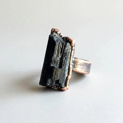Large Black Tourmaline Ring | Statement Ring | 1-1.5" Stone | Wide Band | Electroformed Copper | Grounding Protection - BlackbirdSageStudio