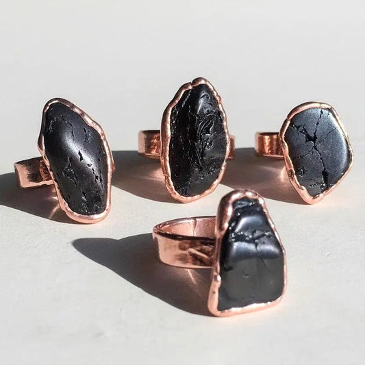 Black Tourmaline Statement Ring | Wide Band | Semi-Tumbled Stone | Size 8 | Bright Copper | Grounding Protection - BlackbirdSageStudio