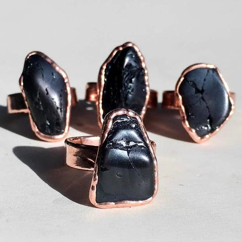 Black Tourmaline Statement Ring | Wide Band | Semi-Tumbled Stone | Size 8 | Bright Copper | Grounding Protection - BlackbirdSageStudio