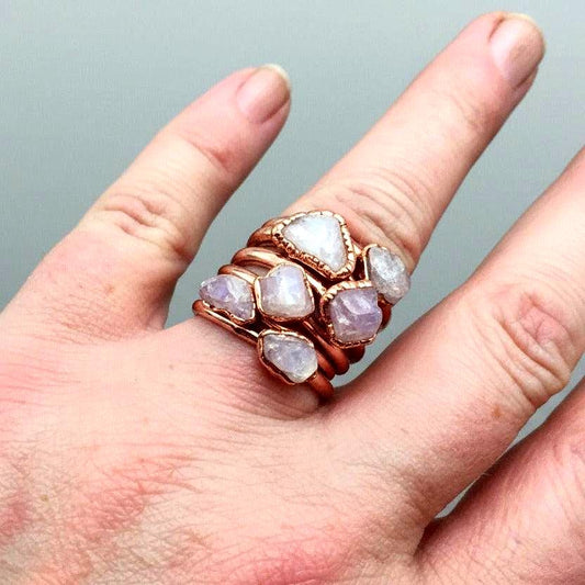 Kunzite Copper Ring | Small Tumbled Crystal Band | Electroformed Jewelry - BlackbirdSageStudio