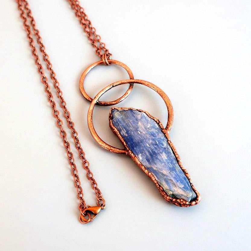 Raw Blue Kyanite Crystal Pendant Necklace, Electroformed Copper Chain - BlackbirdSageStudio
