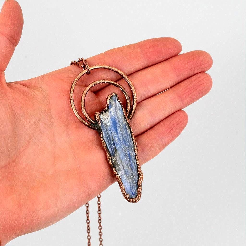 Raw Blue Kyanite Necklace | Electroformed Copper Crystal | Natural Blade Stone Pendant - BlackbirdSageStudio