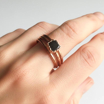 Raw Black Tourmaline Stacking Rings | Electroformed Copper Boho Jewelry - BlackbirdSageStudio