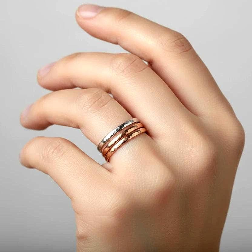 Mixed Metal Stacking Rings | Hammered Copper, Silver & Brass Bands - BlackbirdSageStudio