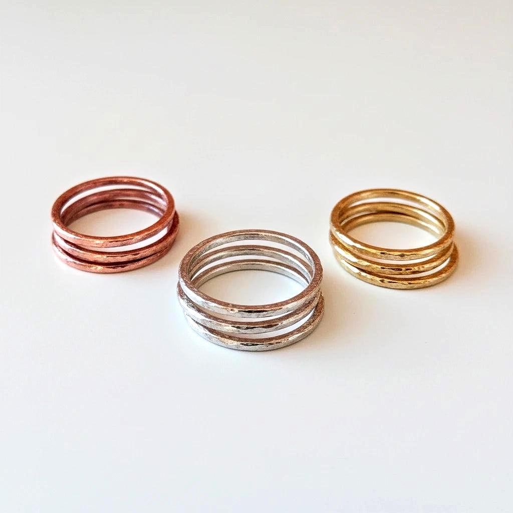 Mixed Metal Stacking Rings | Hammered Copper, Silver & Brass Bands - BlackbirdSageStudio