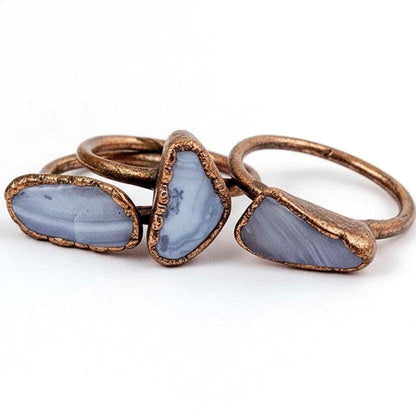 Blue lace agate rings in antique copper finish, rich patina electroformed copper, made to order