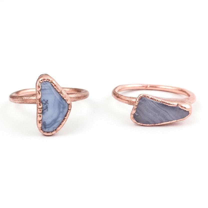 Tumbled Blue Lace Agate Ring, Electroformed Copper Jewelry, Bright Copper - BlackbirdSageStudio