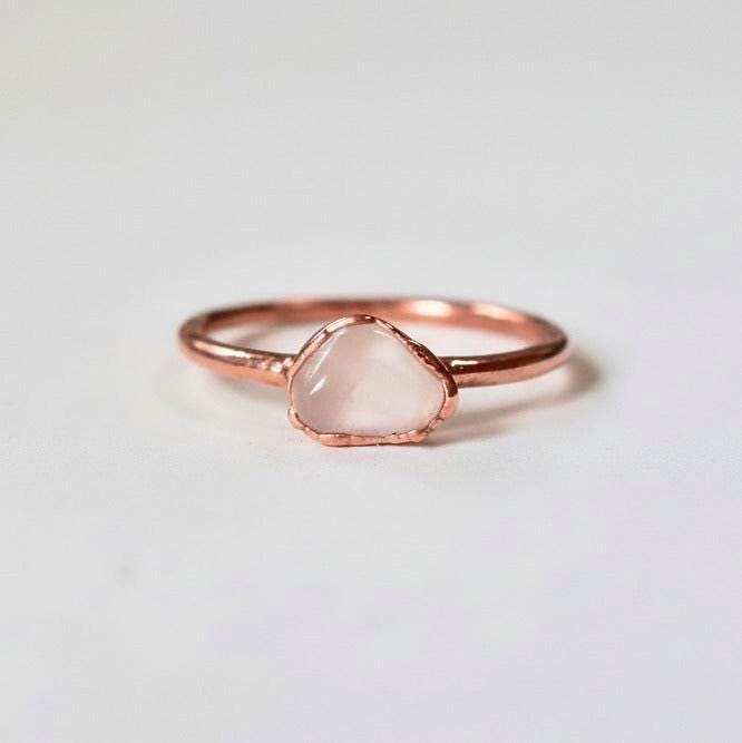 Single rose quartz electroformed copper ring, bright finish, handcrafted in Santa Fe NM