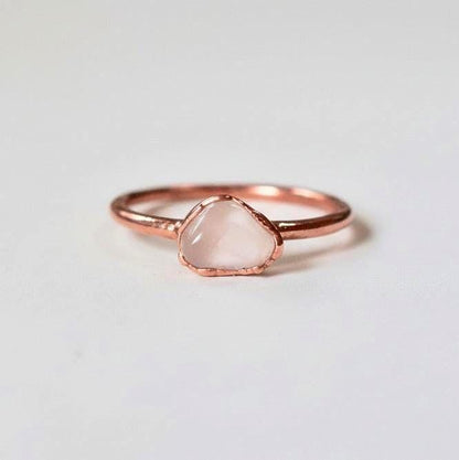 Single rose quartz electroformed copper ring, bright finish, handcrafted in Santa Fe NM