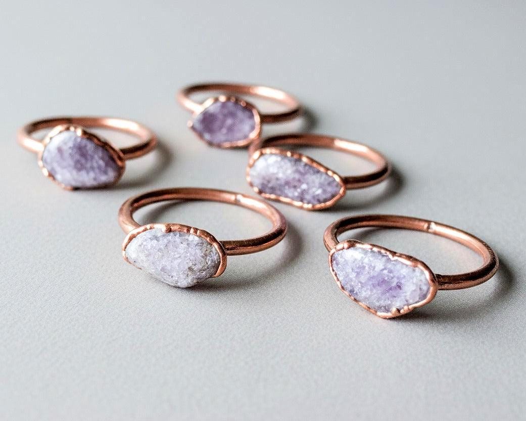 Purple lepidolite electroformed copper rings, bright and antique finish, handcrafted in Santa Fe NM