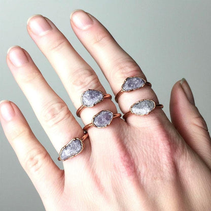 Purple lepidolite copper ring worn on hand, showing stone size and fit, made to order electroformed jewelry