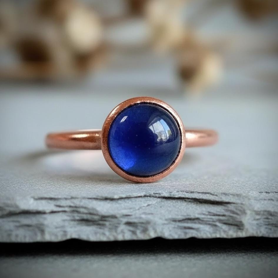 Iolite Copper Ring | Electroformed Blue Gemstone, Size 7 - BlackbirdSageStudio