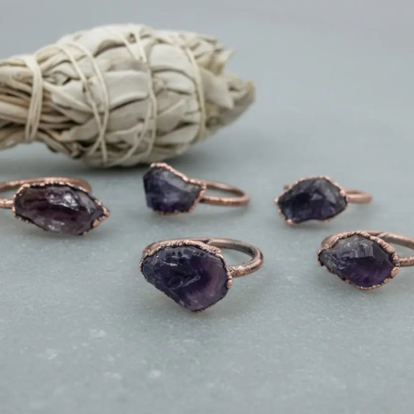 Raw Amethyst Ring, Electroformed Copper Jewelry, February Birthstone