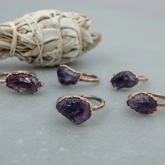 Raw Amethyst Ring, Electroformed Copper Jewelry, February Birthstone