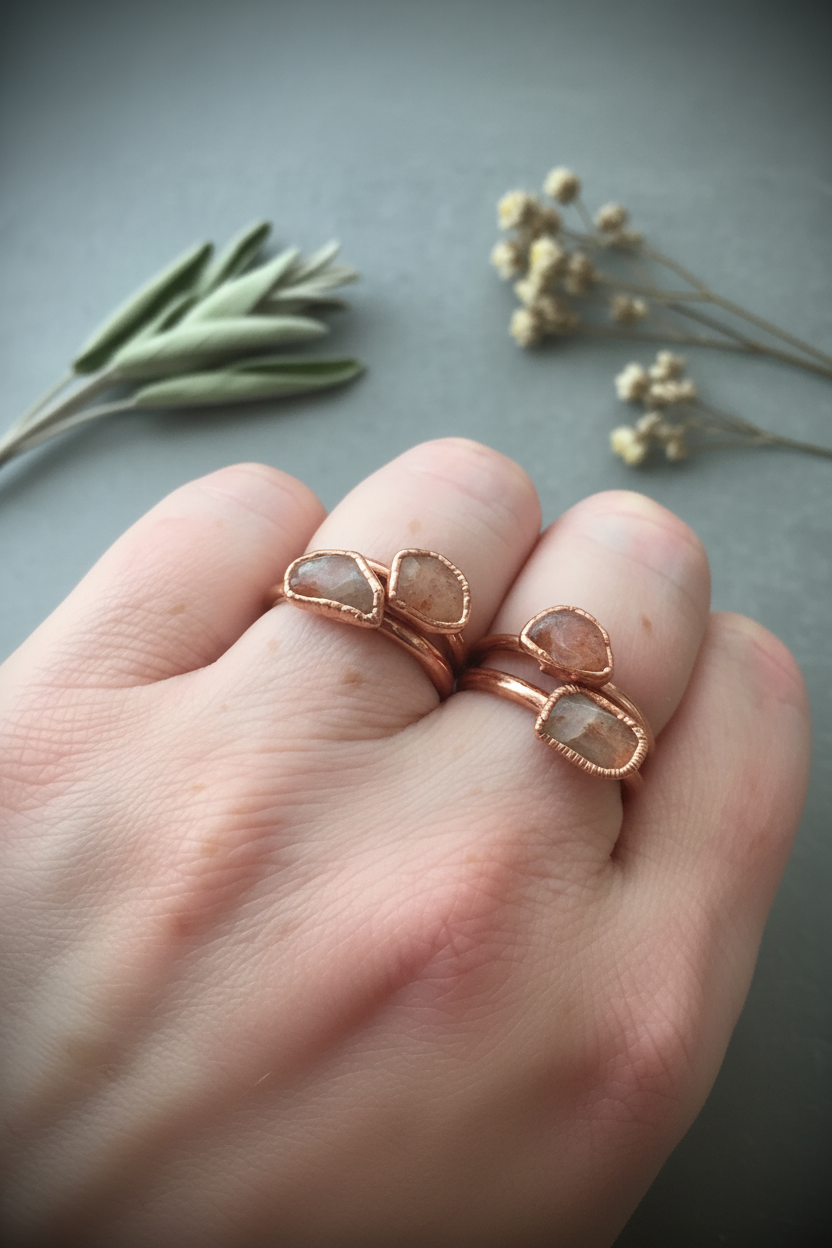 Model wearing dainty sunstone stacking rings, electroformed copper, artisan jewelry