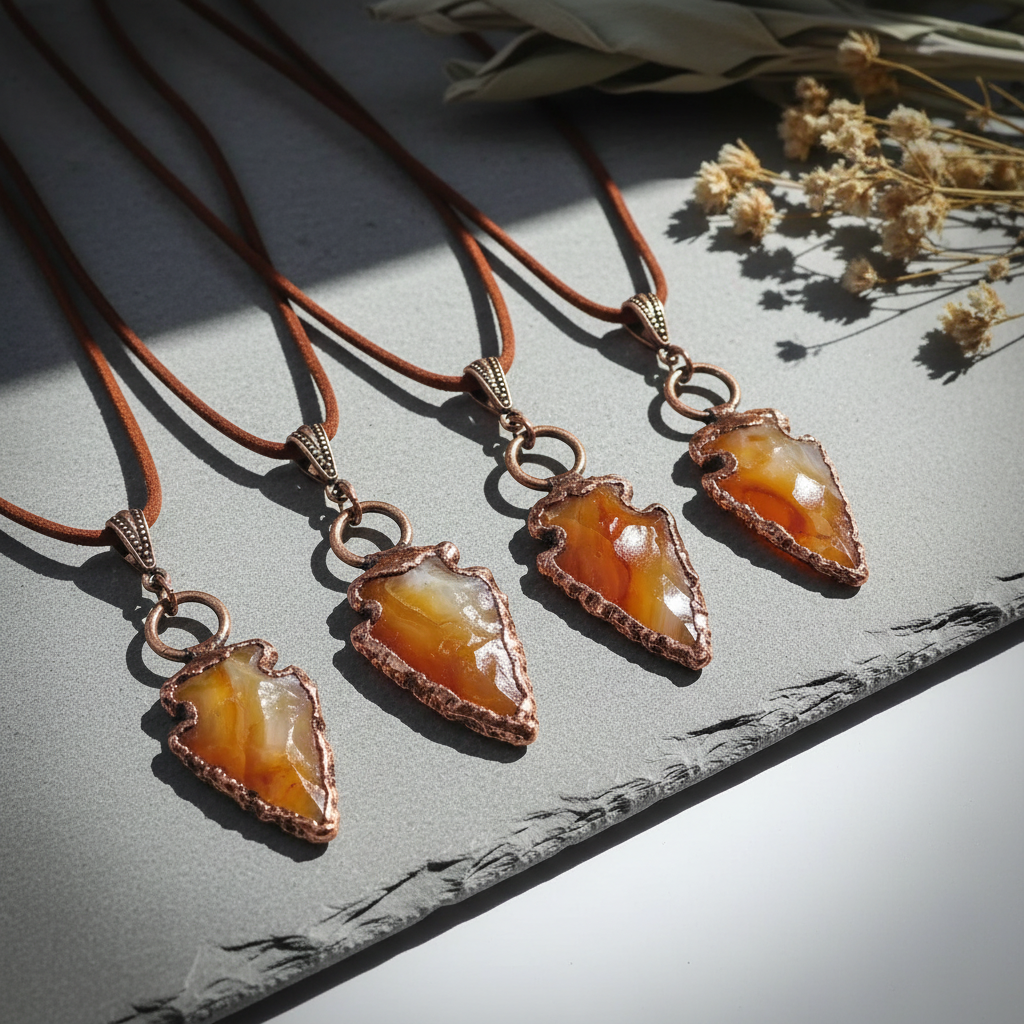 Four carnelian arrowhead necklaces showing stone color variation