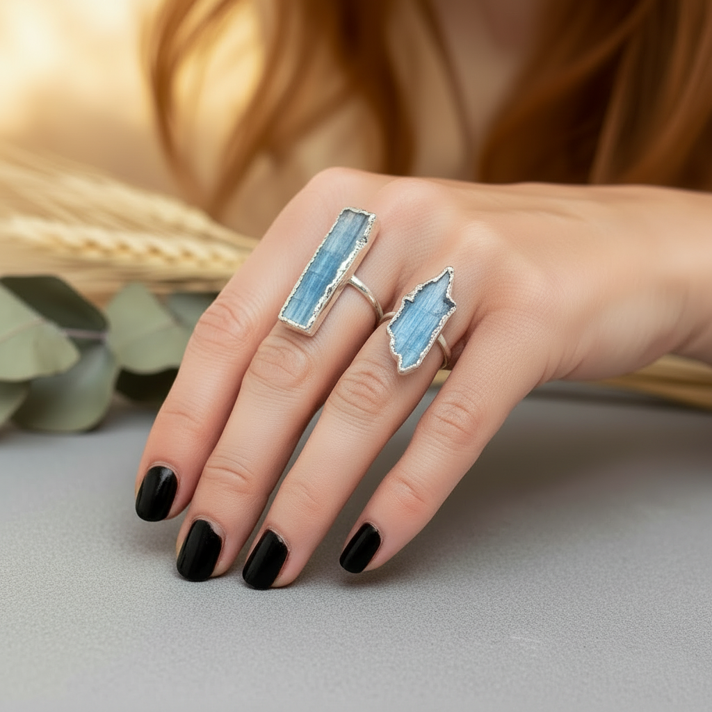 Two silver plated blue kyanite rings worn on hand with black nail polish, botanical background