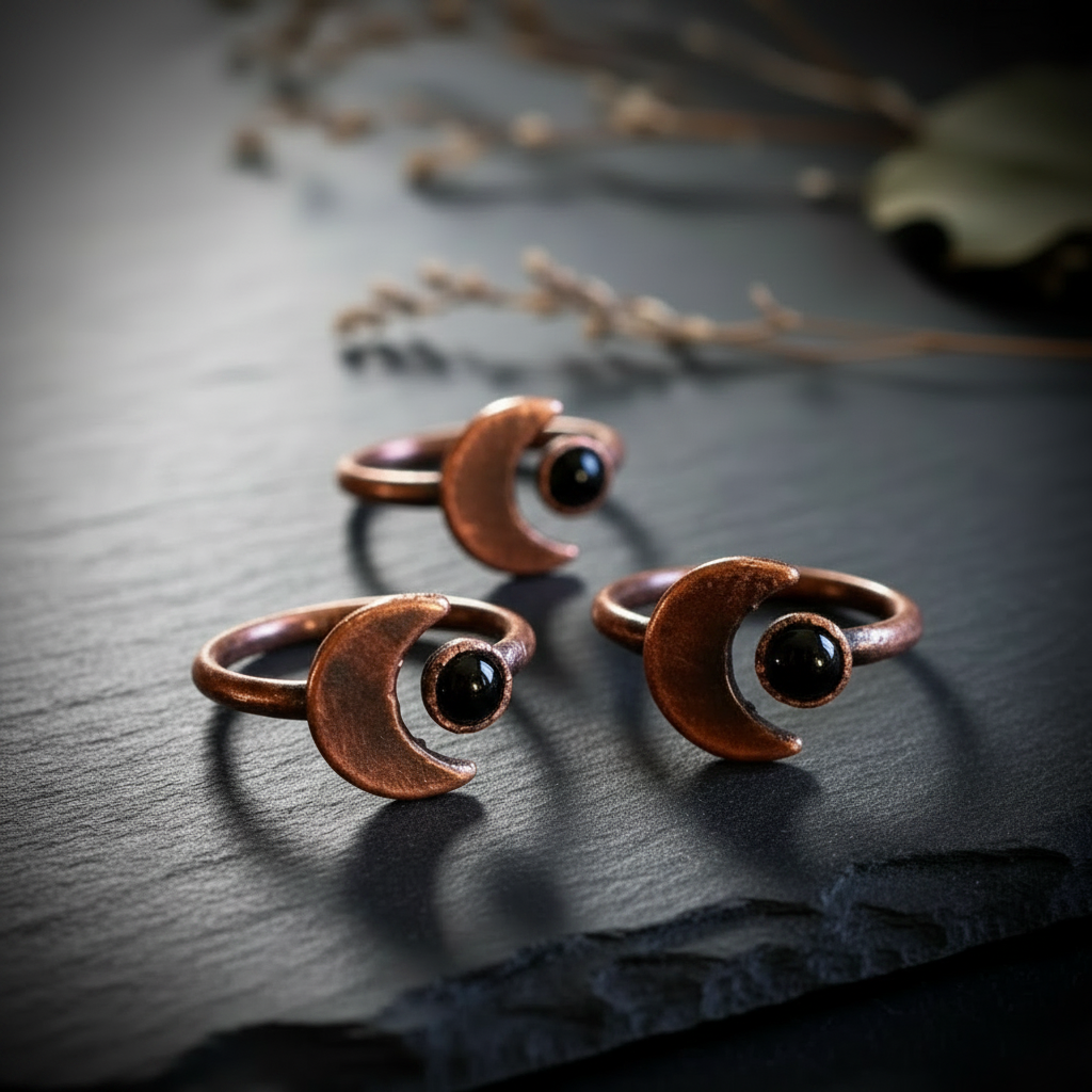 Three black onyx crescent moon rings electroformed copper clustered on dark charcoal slate with dried botanicals