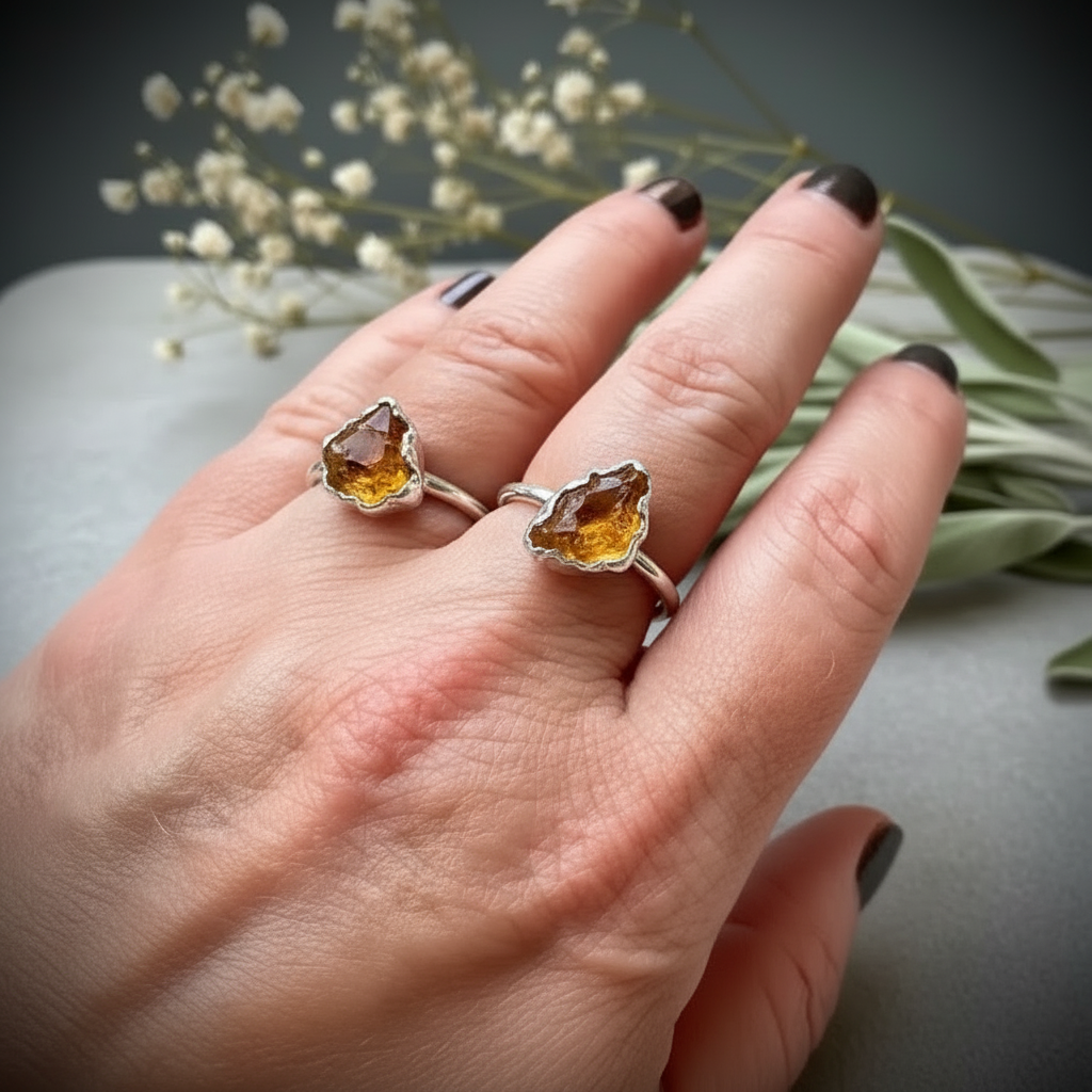 Two raw citrine silver plated rings worn on hand with dark nails, botanical background