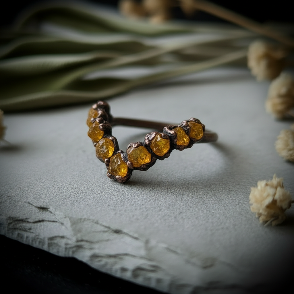Raw citrine chevron ring three-quarter angle on slate