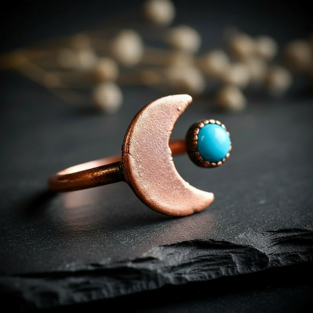 Turquoise crescent moon ring electroformed copper three-quarter side angle on light grey slate