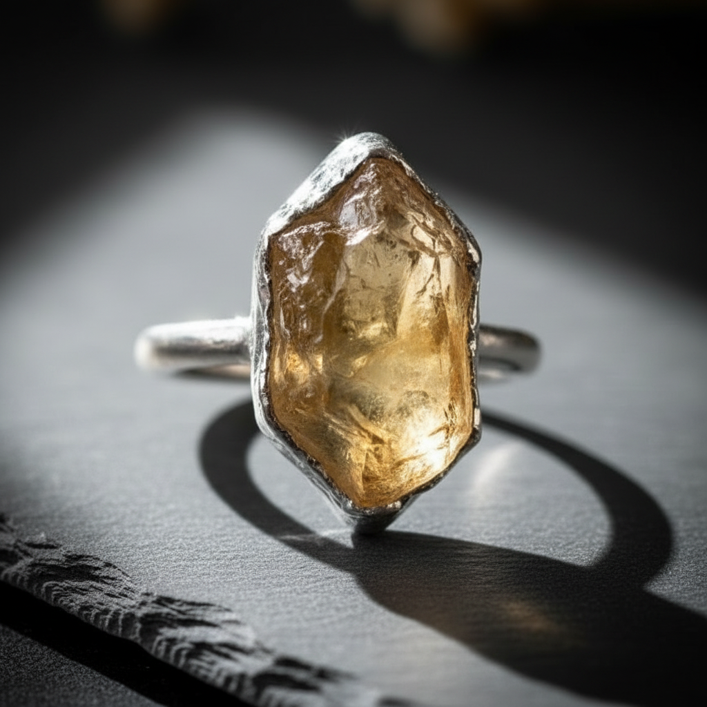 Raw citrine ring in silver plated electroformed copper, hero close-up on light grey slate