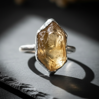 Raw citrine ring in silver plated electroformed copper, hero close-up on light grey slate