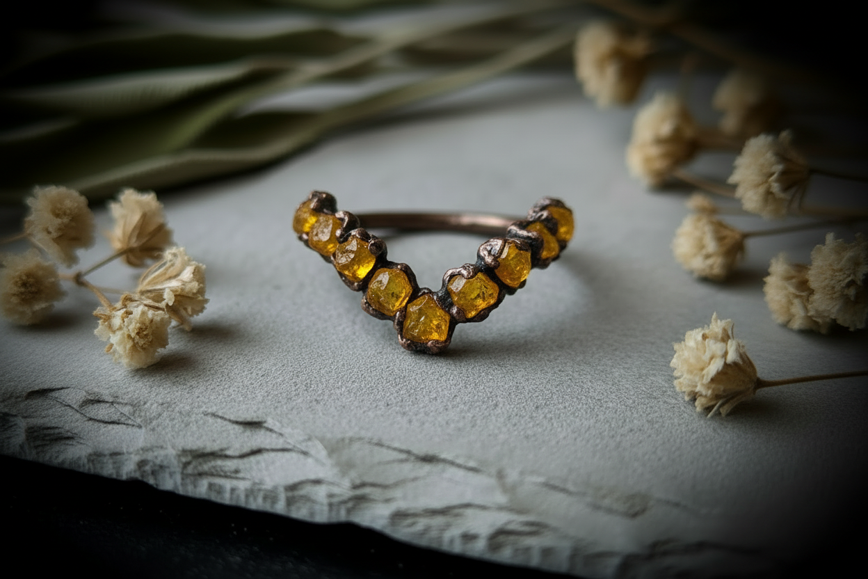 Raw citrine chevron ring wide hero flat-lay with dried botanicals surrounding the ring