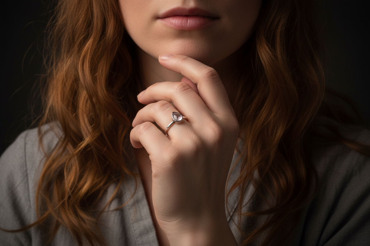 Brand model wearing lavender amethyst silver ring, hand near chin, moody cinematic background