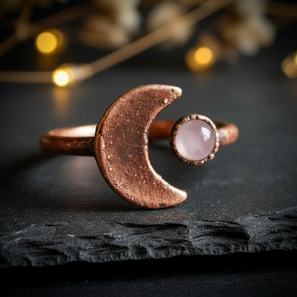 Rose quartz crescent moon ring electroformed antique copper hero shot with warm bokeh lights