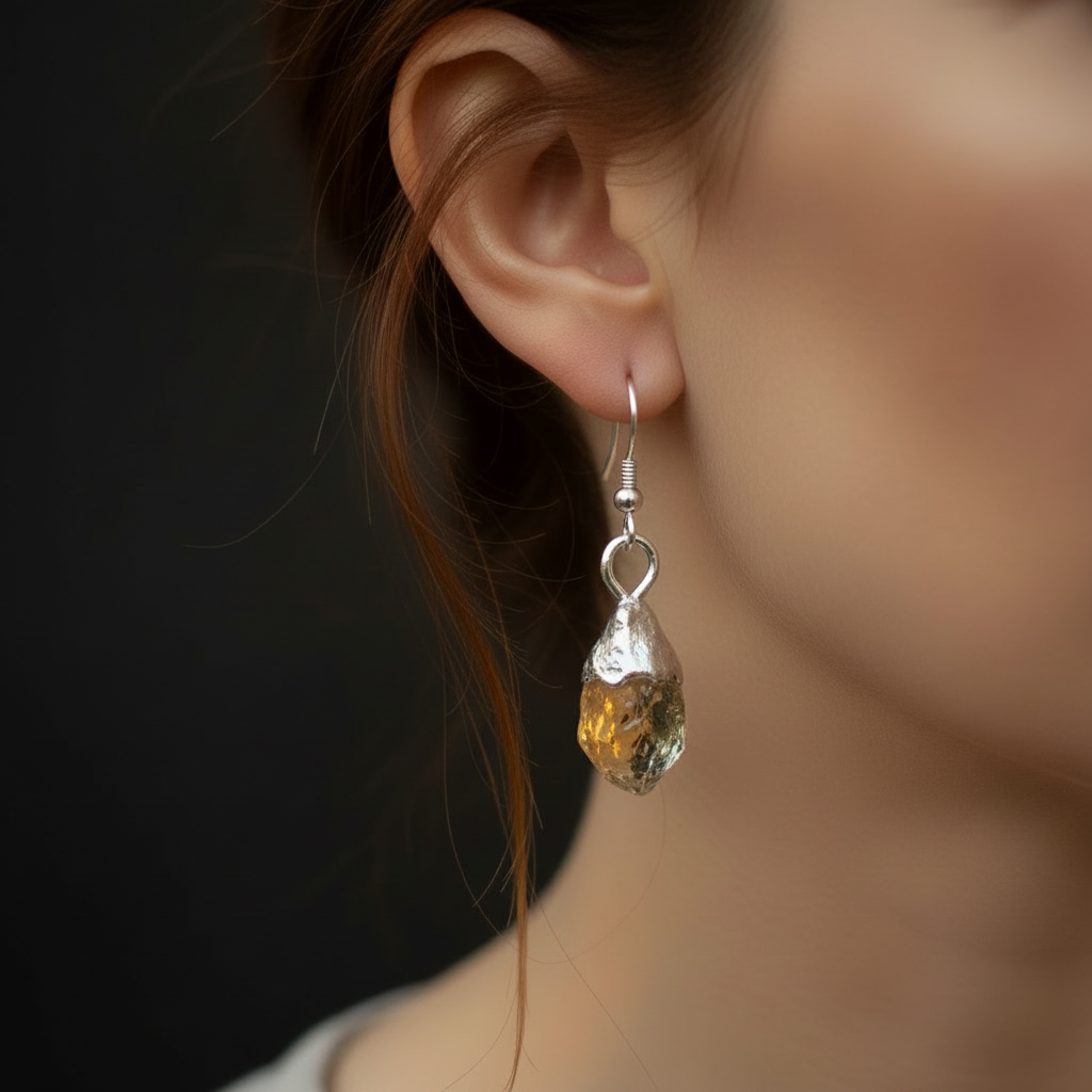 Macro ear shot of silver plated raw citrine dangle earring