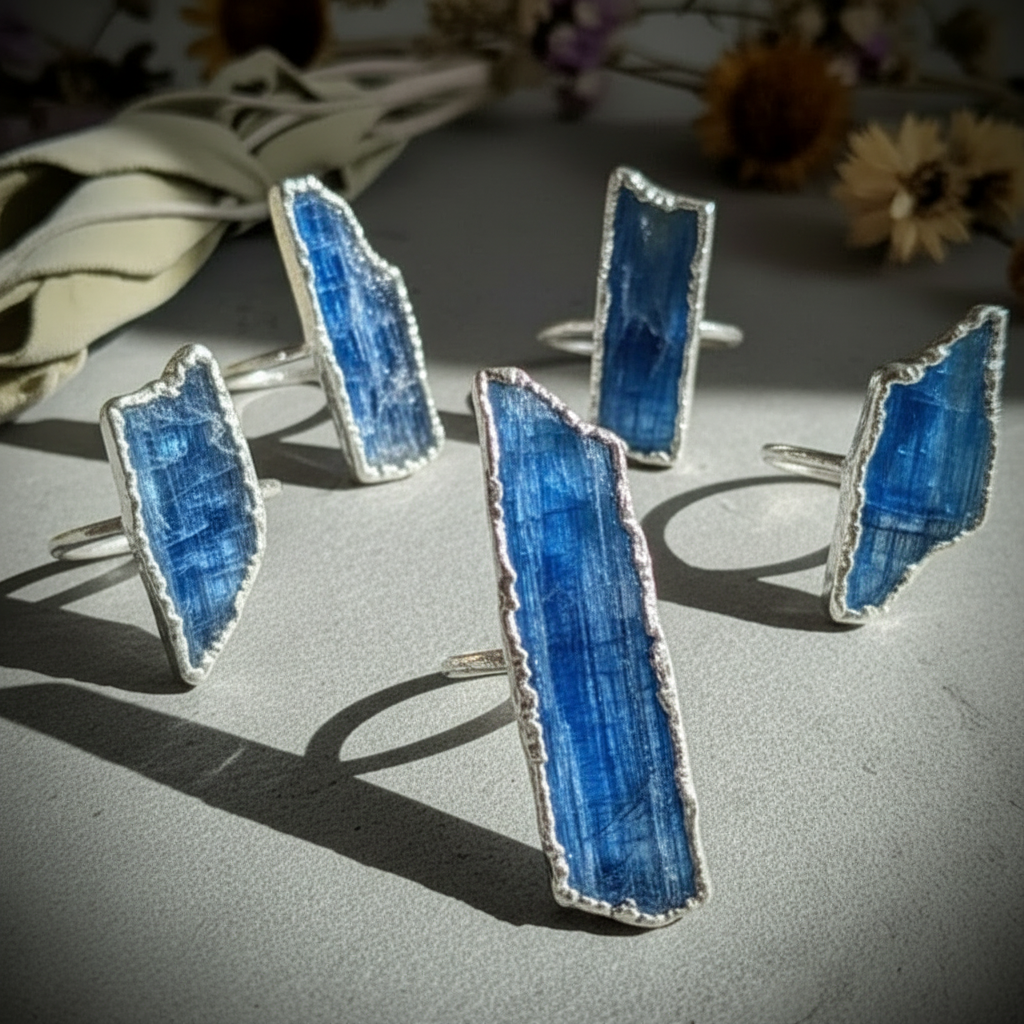 Five silver plated blue kyanite blade rings scattered on slate with botanicals, showing natural stone variation