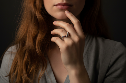 Raw garnet silver-plated chevron ring model shot