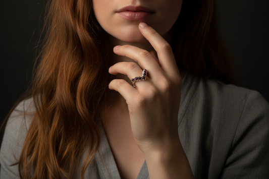 Raw garnet silver-plated chevron ring model shot