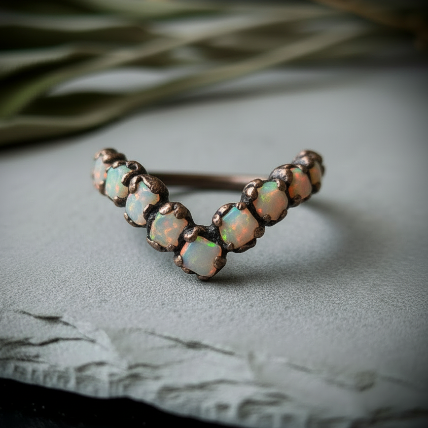 Raw Ethiopian opal chevron ring in antique copper electroformed finish on light grey slate