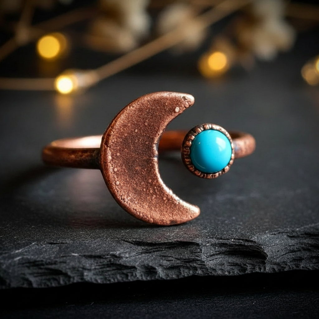Turquoise crescent moon ring in electroformed antique copper on light grey slate, hero front shot